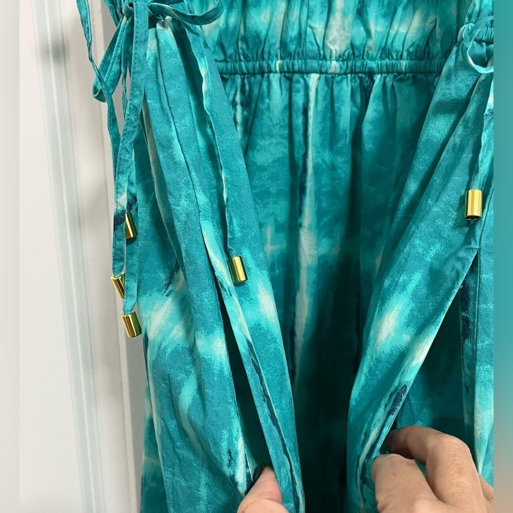 INC International Concepts Teal Tie Dye Maxi Dress L Boho Resort 100% Cotton - Picture 4 of 12